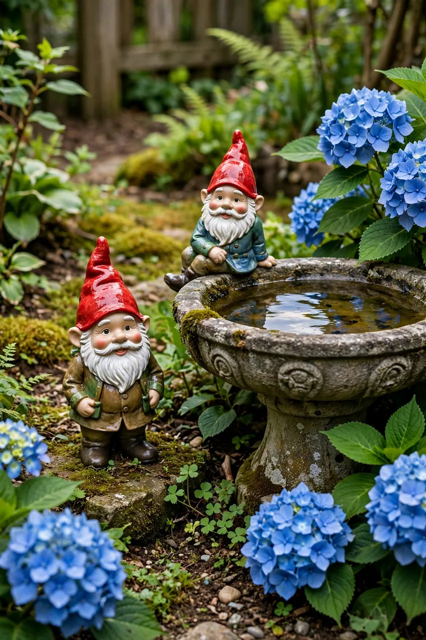 Two ceramic red-hat garden gnomes, one standing and one sitting on a stone birdbath, surrounded by blue hydrangeas.