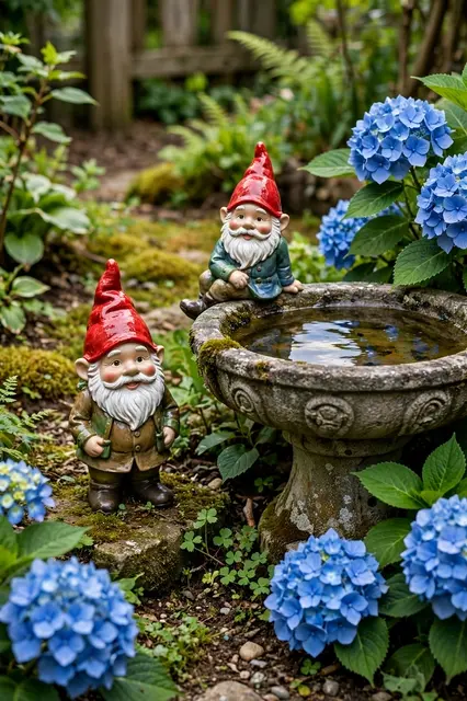 Two ceramic red-hat garden gnomes, one standing and one sitting on a stone birdbath, surrounded by blue hydrangeas.