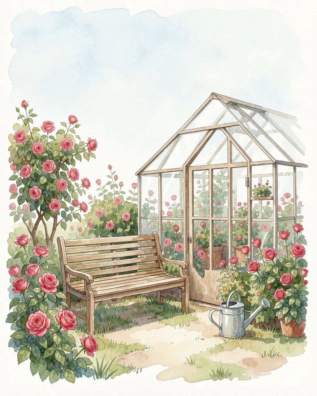 Watercolor illustration of a wooden bench beside a greenhouse surrounded by blooming pink roses and a metal watering can
