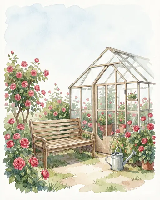 Watercolor illustration of a wooden bench beside a greenhouse surrounded by blooming pink roses and a metal watering can