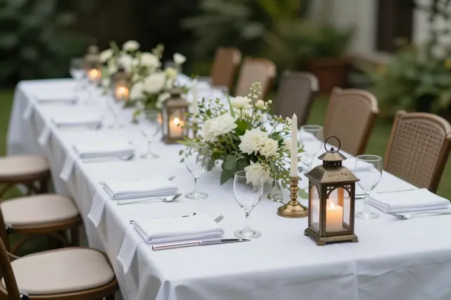 Long white clothed outdoor table set with lanterns, flowers and place settings for an evening garden party