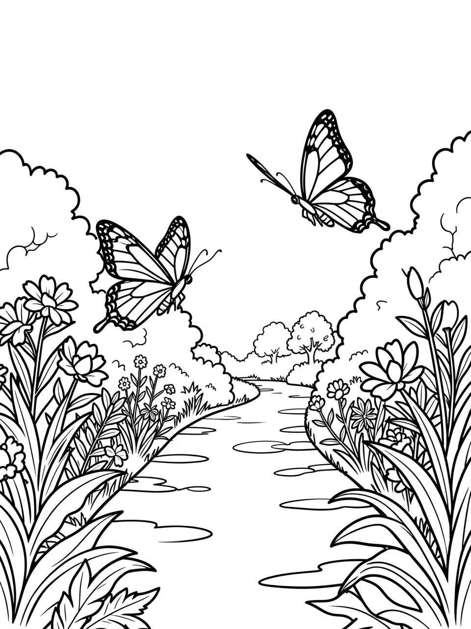 Black and white bold line art of two butterflies fluttering above a winding garden path lined with flowers and foliage.