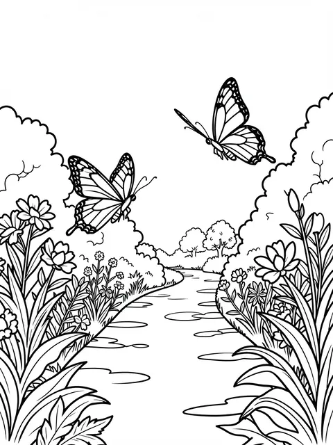 Black and white bold line art of two butterflies fluttering above a winding garden path lined with flowers and foliage.