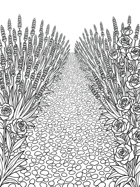 Black and white line art of a pebbled garden path lined with lavender and roses