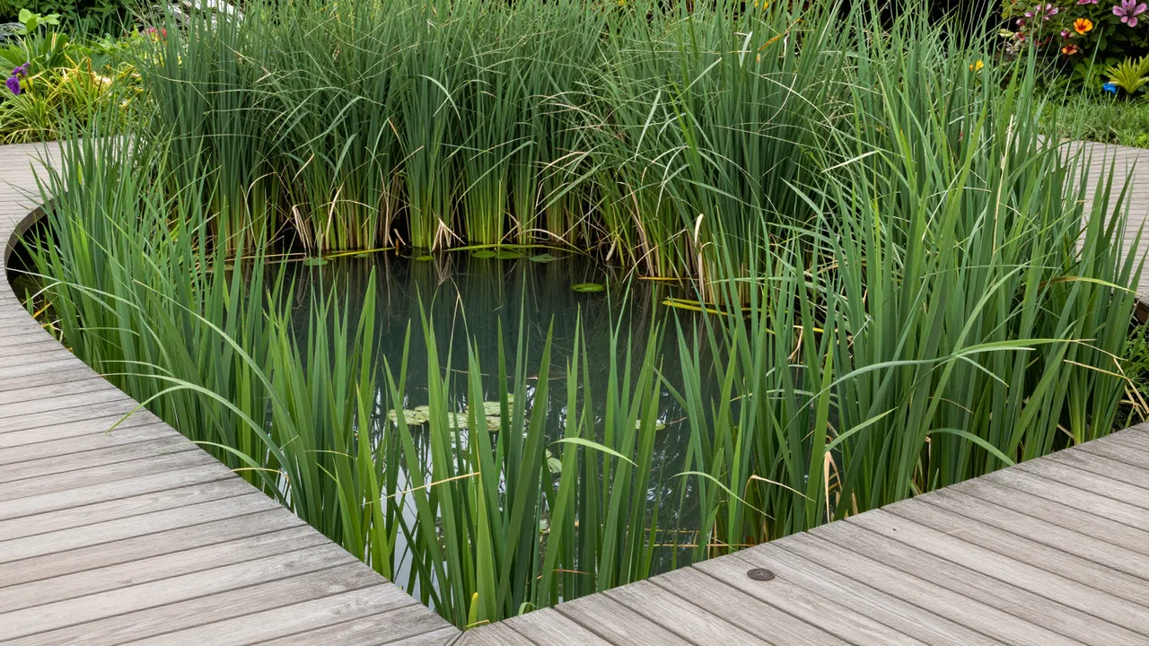 A curved weathered wooden deck wraps around a natural swimming pond edged with tall green reeds.