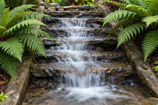 Long exposure shot of a small cascading garden rill flowing down wet stone steps flanked by lush green ferns
