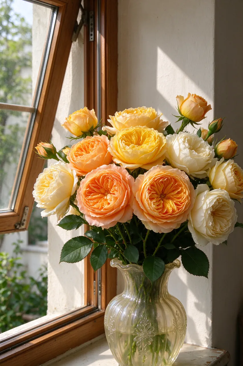 Apricot, butter yellow and cream garden roses in a vintage glass vase sit on a sunlit windowsill
