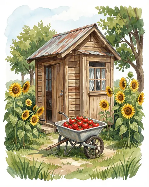 Gouache illustration of a wooden garden shed flanked by sunflowers, with a wheelbarrow of ripe tomatoes in the foreground.