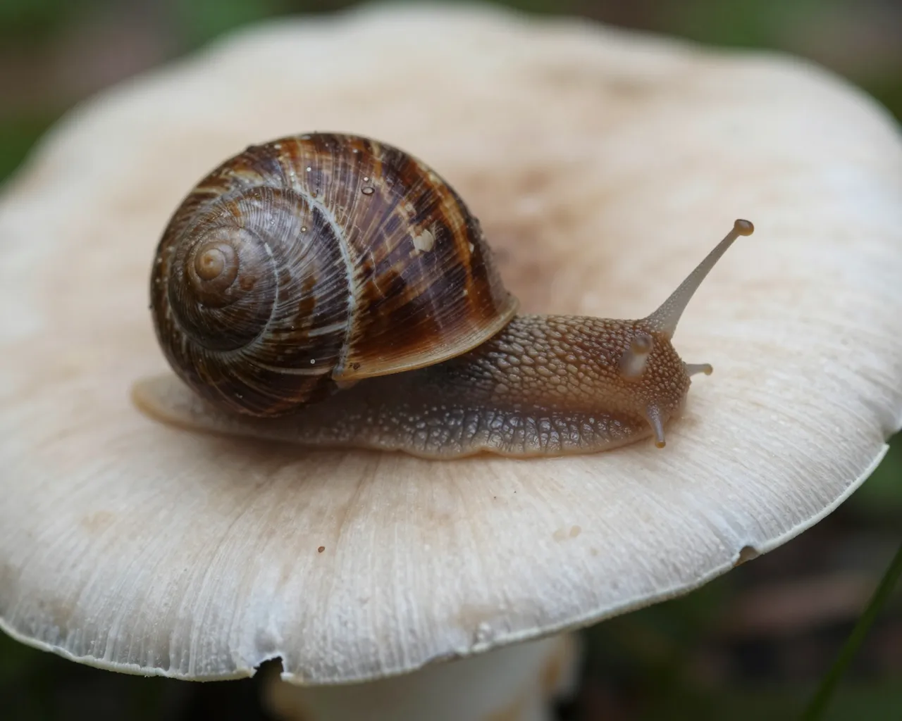A patterned garden snail rests on the pale, wide cap of a wild mushroom in close-up focus.