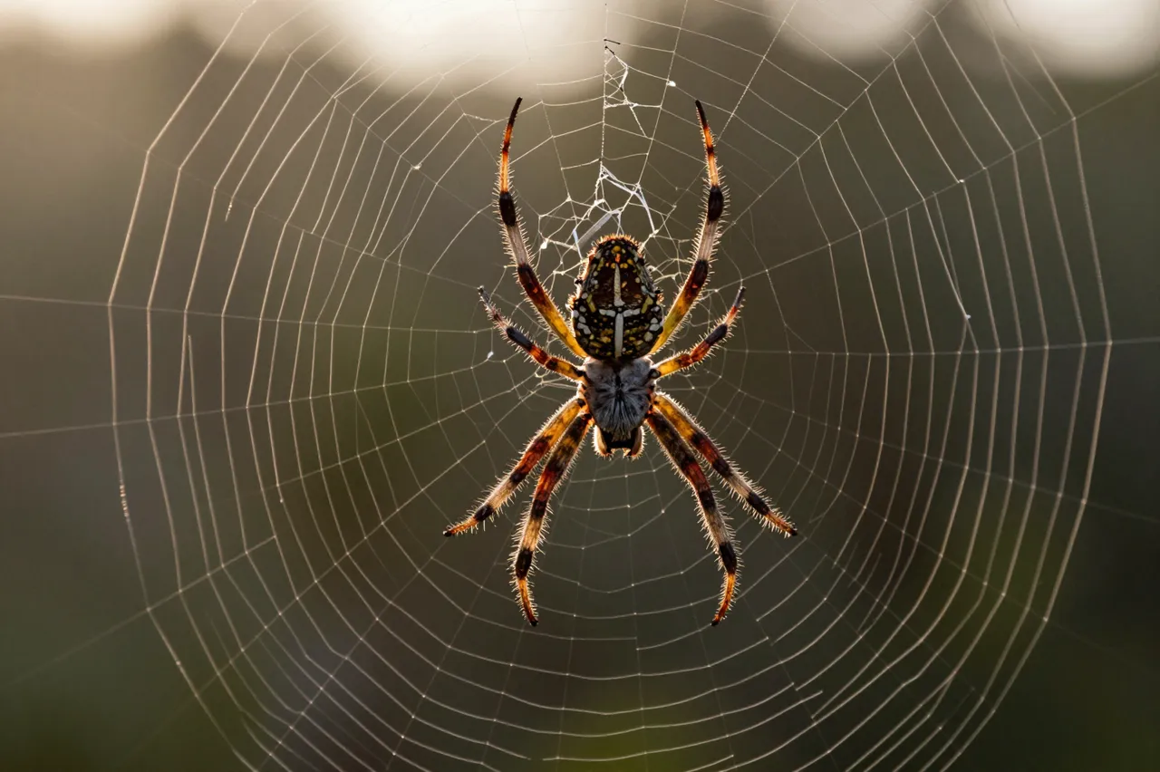 A patterned garden spider rests centered on its orb web against soft warm sunrise light