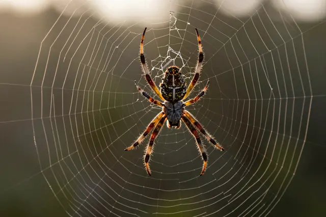 A patterned garden spider rests centered on its orb web against soft warm sunrise light