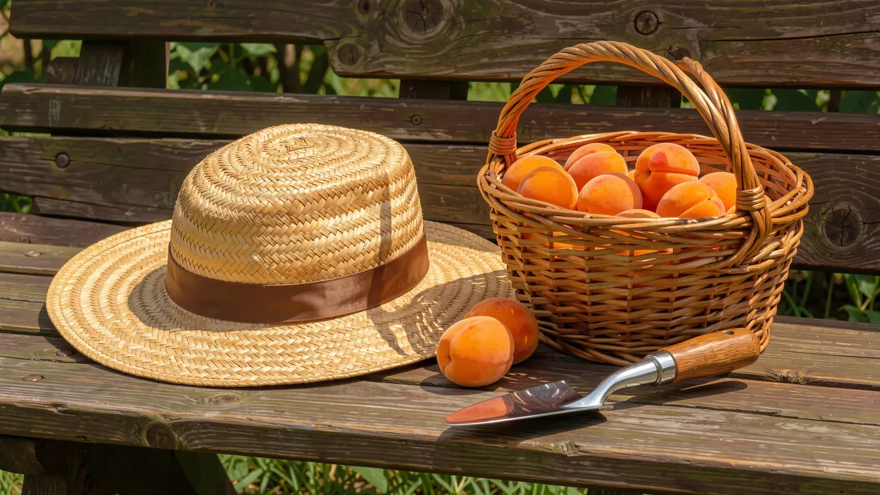 Straw hat, wicker basket of apricots, and garden trowel rest on an outdoor wooden bench in bright sunlight