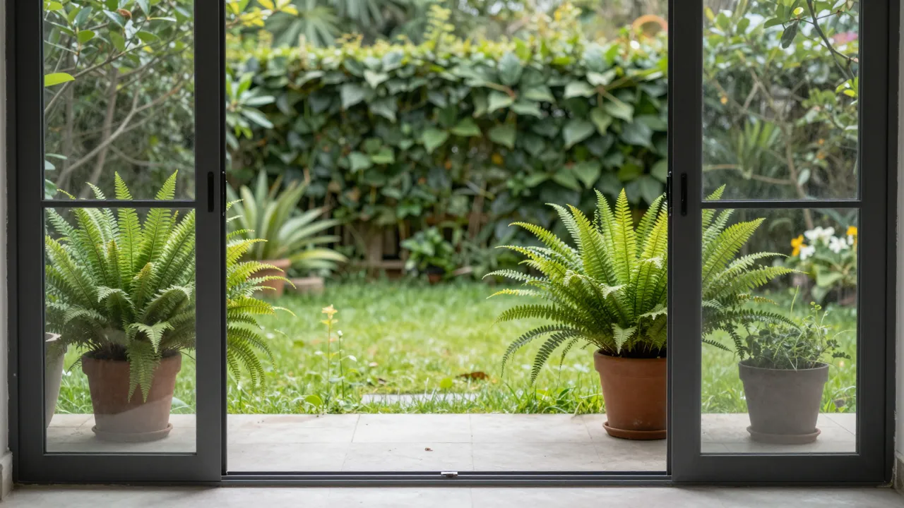 Open black framed sliding glass doors look out to a green lawn and potted ferns on a patio