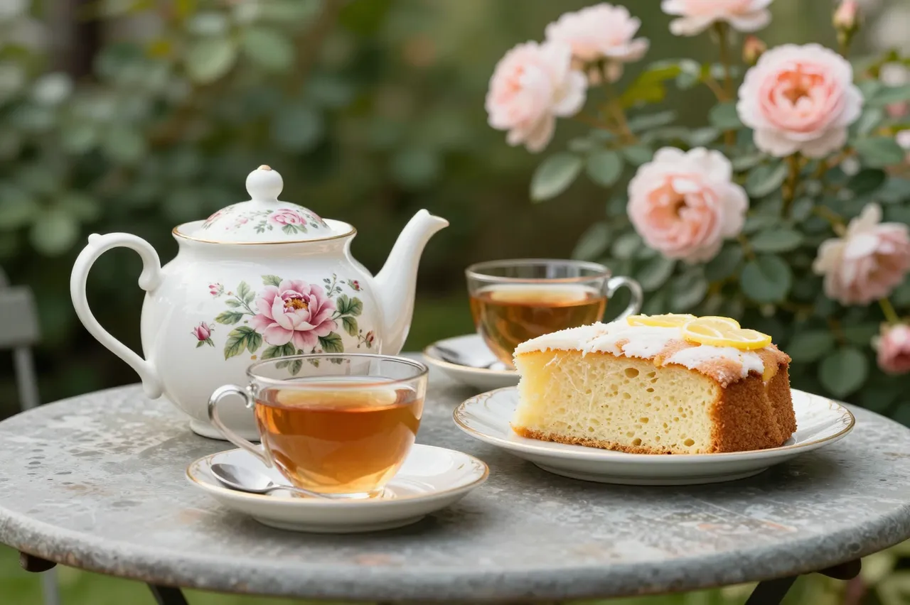 Floral teapot, two teacups, and lemon cake sit on a metal garden table beside pink roses