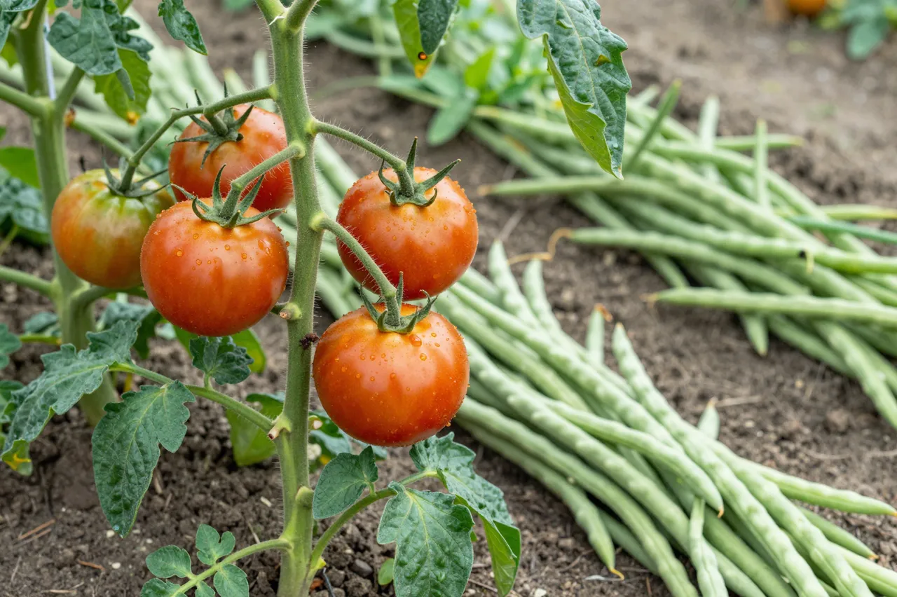 Ripe dewy tomatoes grow on a staked plant next to rows of green bean stalks in garden soil