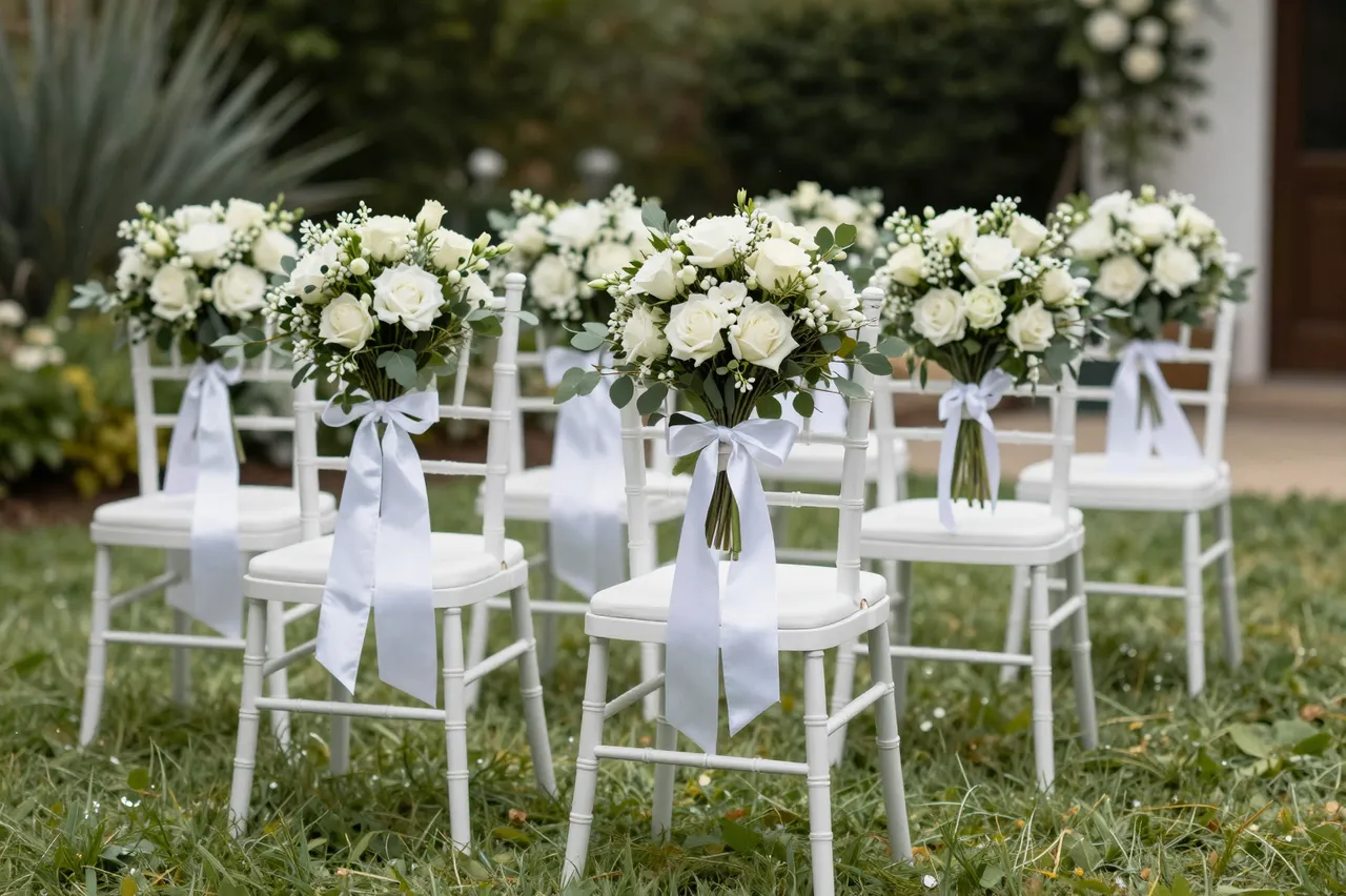 White ceremony chairs lined on grass, each adorned with a white rose bouquet and satin ribbon along a garden aisle.