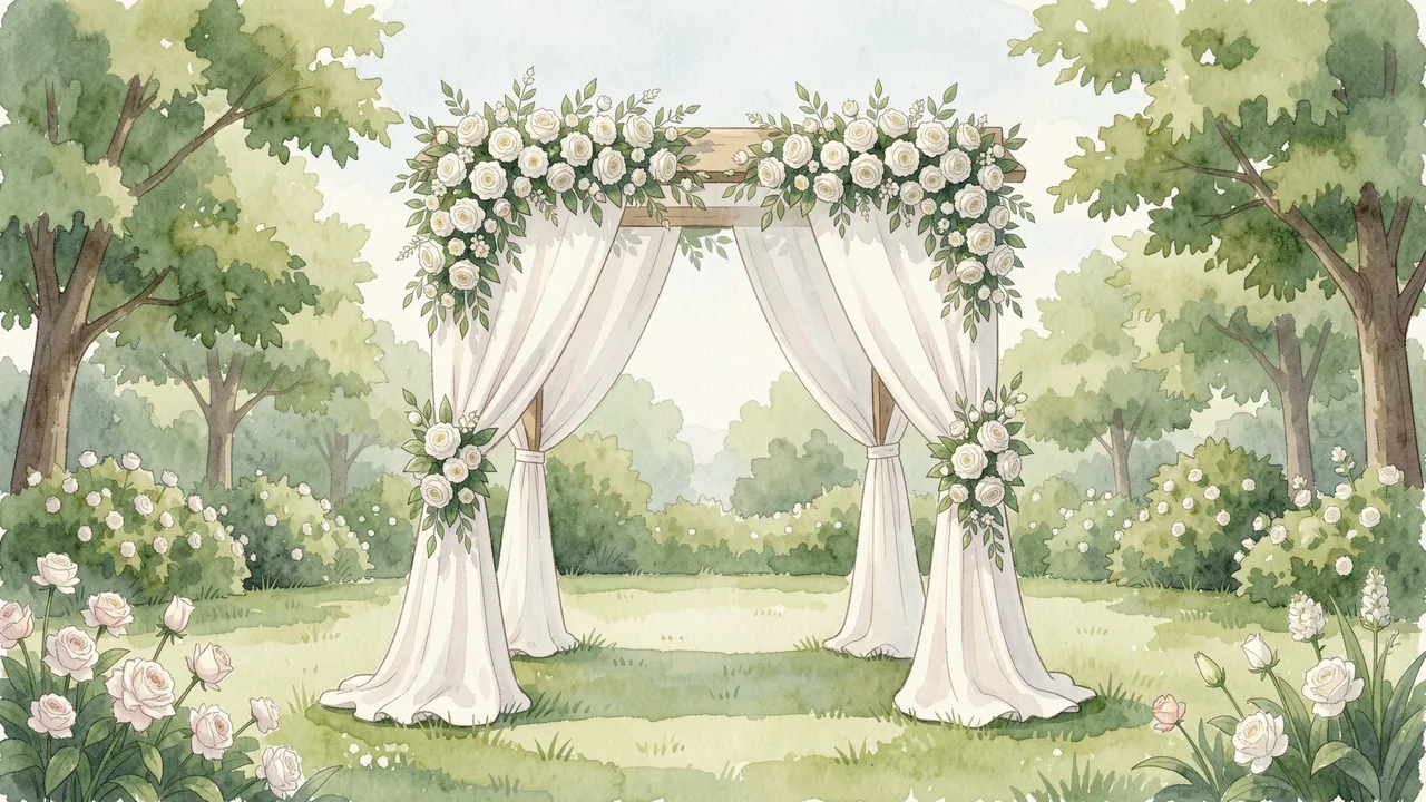 Watercolor wedding chuppah draped with linen and white flowers stands in a lush green garden with empty side space.