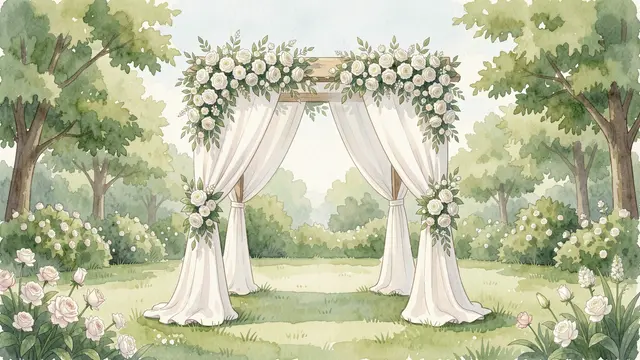 Watercolor wedding chuppah draped with linen and white flowers stands in a lush green garden with empty side space.