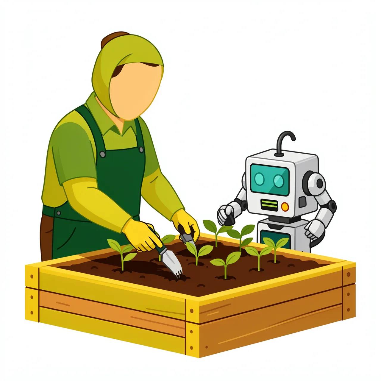 Faceless gardener and small robot plant seedlings in a wooden raised garden bed
