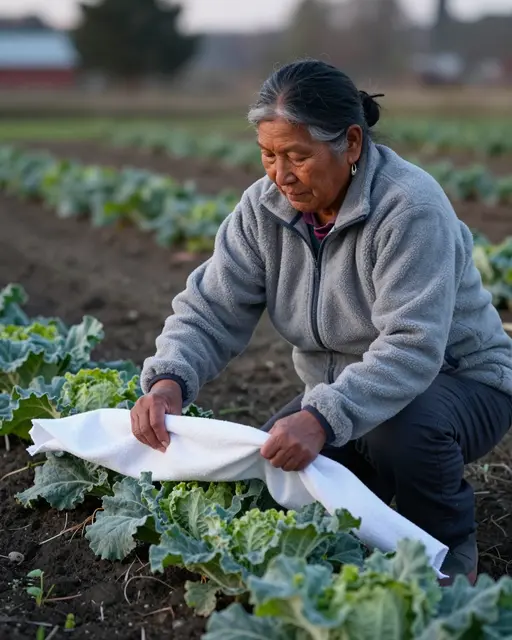 A senior Indigenous woman crouches to lay white frost cloth over garden vegetables at dusk