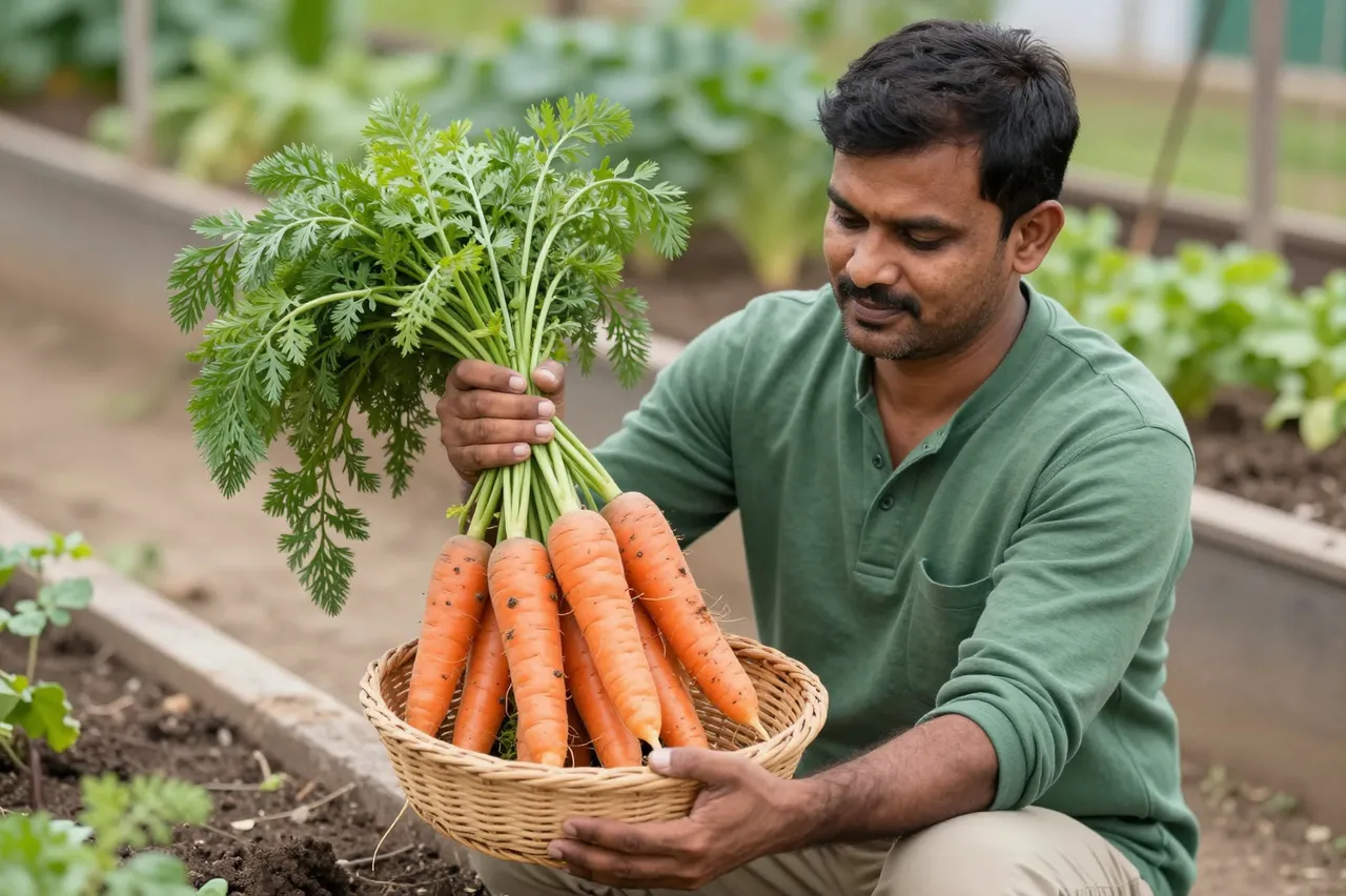 A South Asian man kneels holding a wicker basket and a bunch of freshly harvested carrots in a garden
