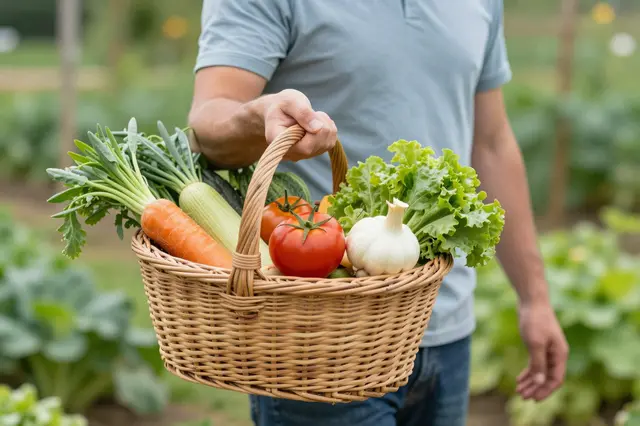 A man holds a wicker basket full of fresh homegrown vegetables in a garden