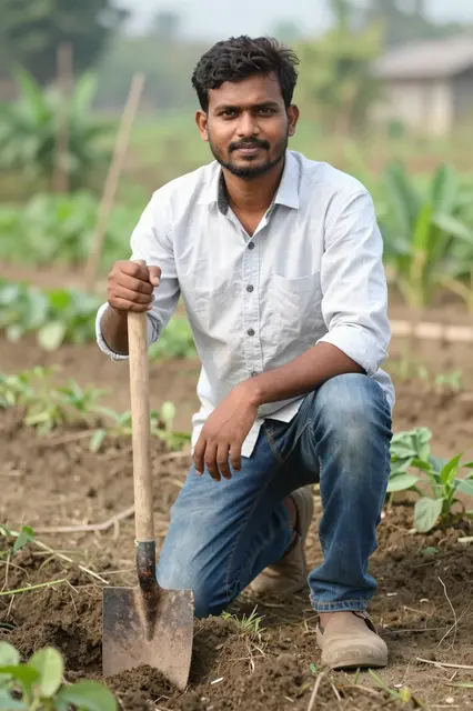 A South Asian man in his late twenties kneels in a garden holding a spade stuck in soil beside him