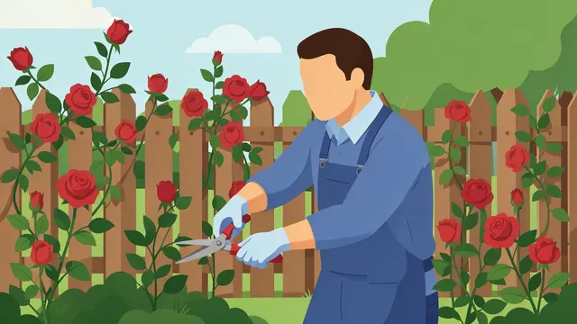 Faceless flat vector gardener trims climbing red rose bushes next to a wooden garden fence