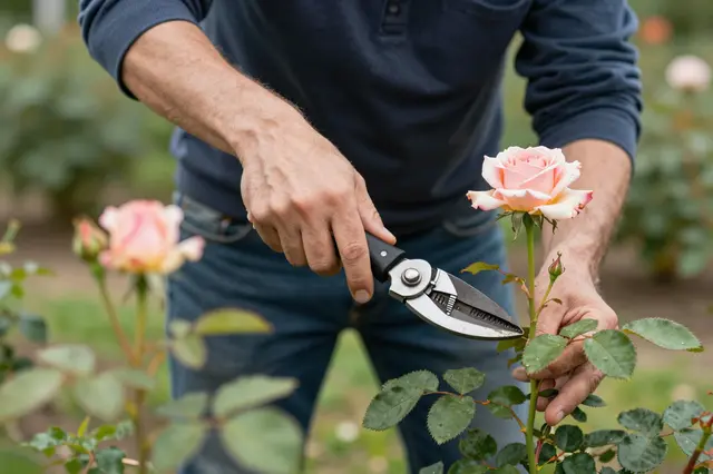 An unidentifiable gardener uses pruning shears to trim a rose bush in a flower garden