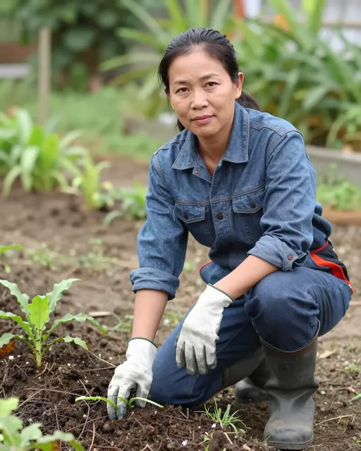 A Southeast Asian woman crouches beside a garden bed tending a young seedling while wearing work gloves and boots.