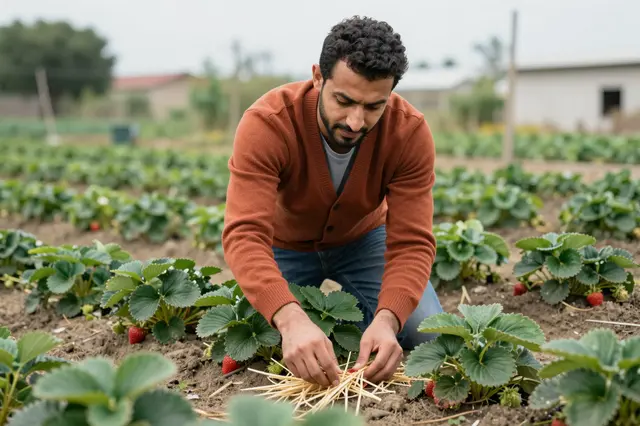 A man in a rust cardigan kneels in a garden bed arranging straw around strawberry plants under overcast sky.