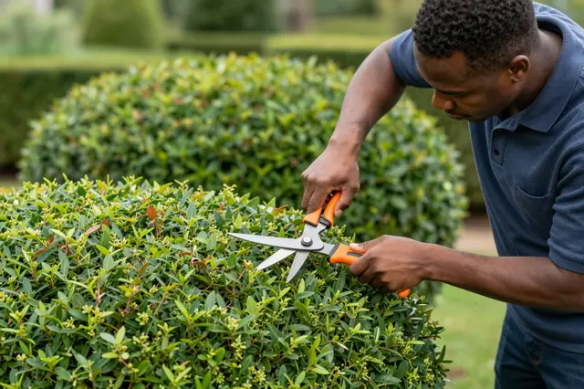 A man trims a round boxwood shrub with orange-handled garden shears in a formal garden.