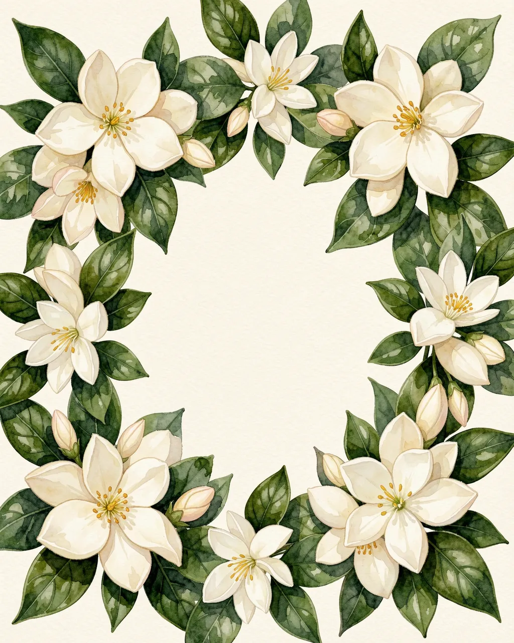 Watercolor floral wreath of creamy white gardenia and jasmine with deep green leaves surrounding an empty ivory center