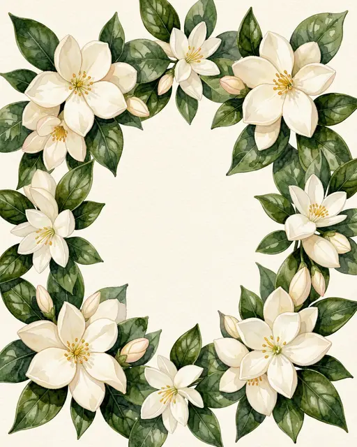 Watercolor floral wreath of creamy white gardenia and jasmine with deep green leaves surrounding an empty ivory center