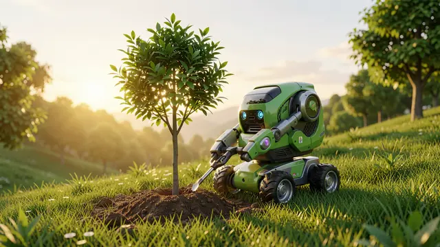 A small green robotic planter tends a newly planted young tree on a grassy hillside at golden sunrise