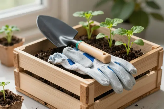 Gardening trowel, work gloves and young seedlings rest in a wooden crate beside a bright window with soft morning light.