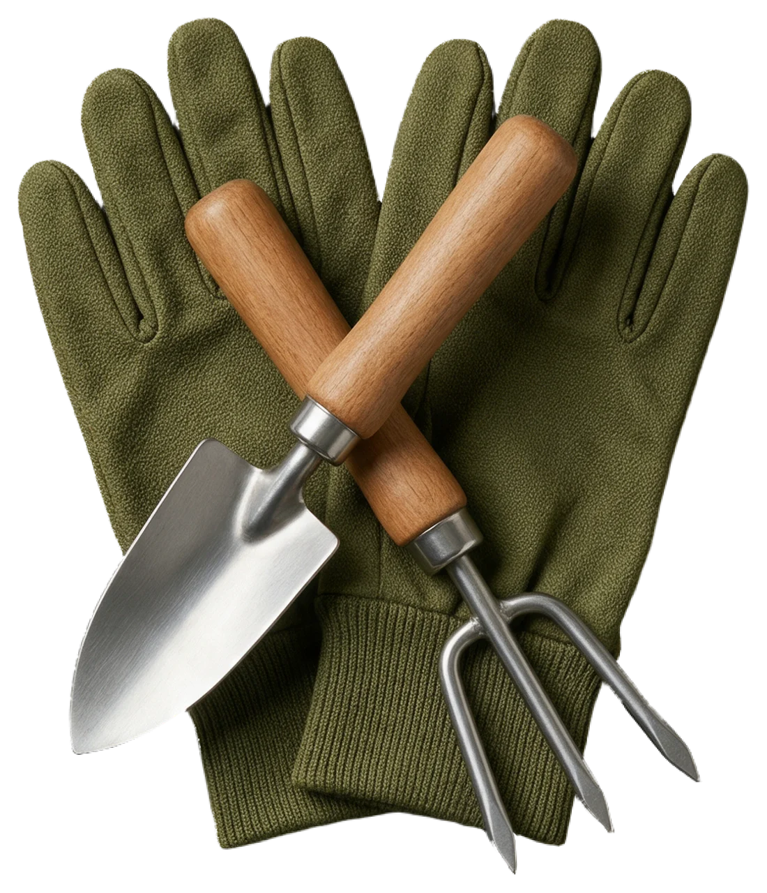 Crossed wooden-handled trowel and hand fork resting on a pair of green gardening gloves