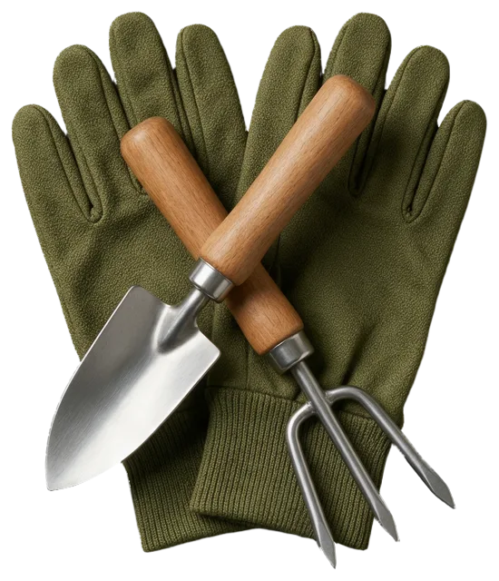 Crossed wooden-handled trowel and hand fork resting on a pair of green gardening gloves