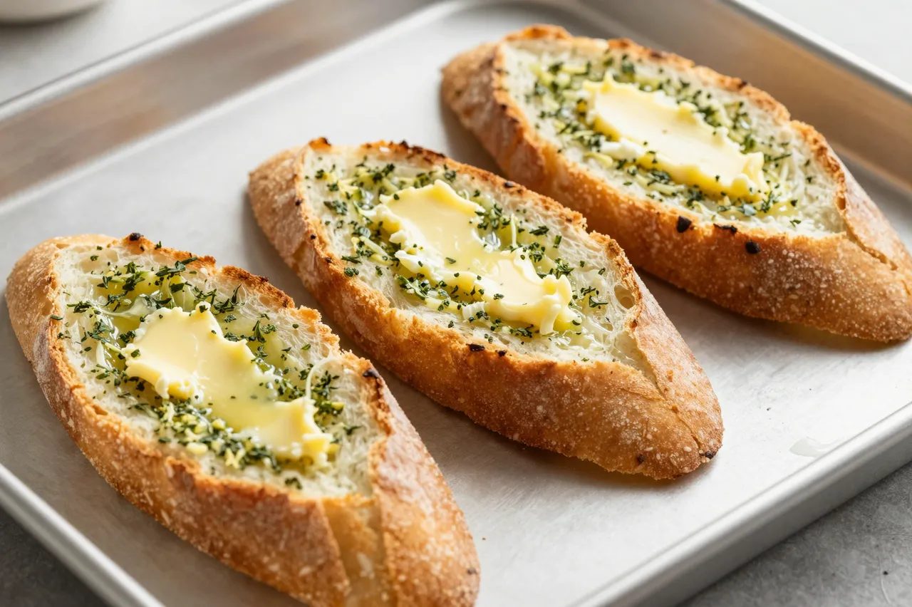 Three slices of herbed garlic bread with melted butter sit arranged on a metal baking tray.