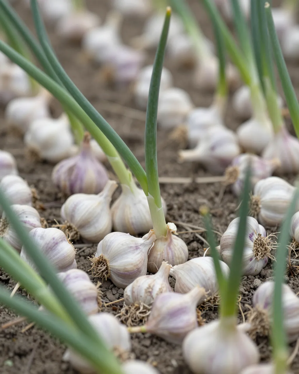 Harvested garlic bulbs rest in neat rows alongside growing garlic shoots on tilled garden soil.