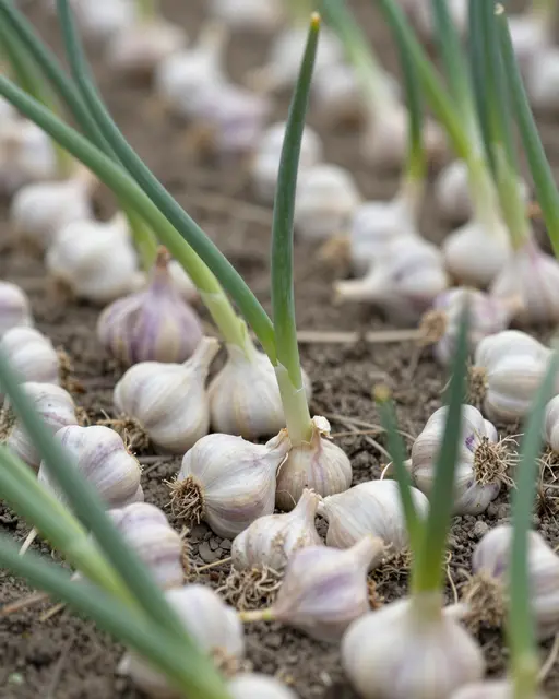 Harvested garlic bulbs rest in neat rows alongside growing garlic shoots on tilled garden soil.