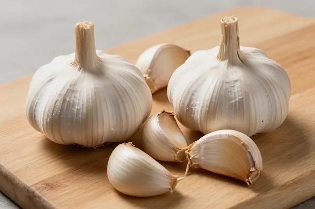 Whole garlic bulbs and separated garlic cloves rest on a light wooden cutting board.
