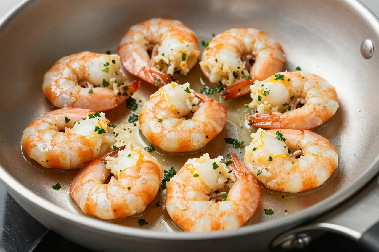 Cooked garlic butter shrimp garnished with parsley arranged in a stainless steel frying pan