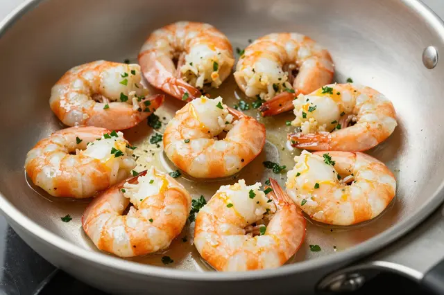 Cooked garlic butter shrimp garnished with parsley arranged in a stainless steel frying pan