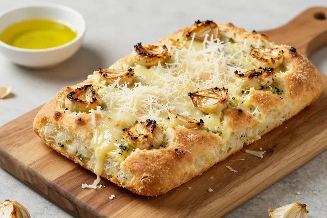 Cheesy roasted garlic focaccia with parmesan sits on a wooden board next to a bowl of olive oil