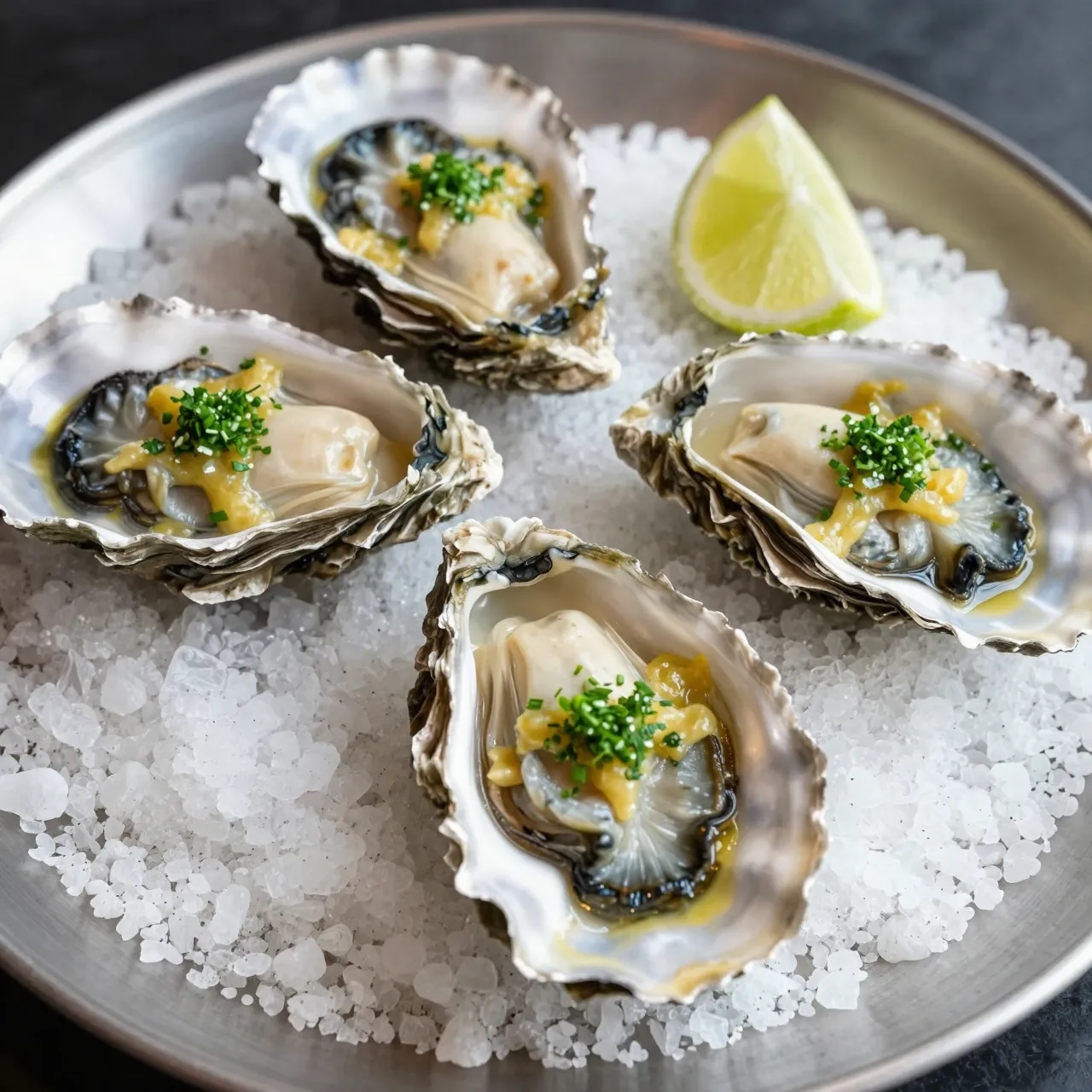 Four prepared oysters with herb topping rest on coarse salt alongside a lime wedge on a metal plate.