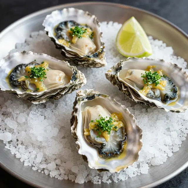 Four prepared oysters with herb topping rest on coarse salt alongside a lime wedge on a metal plate.
