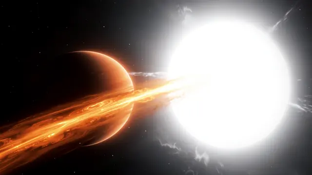 An orange gas giant streams an atmospheric tail as it skims near a massive bright white star in deep space