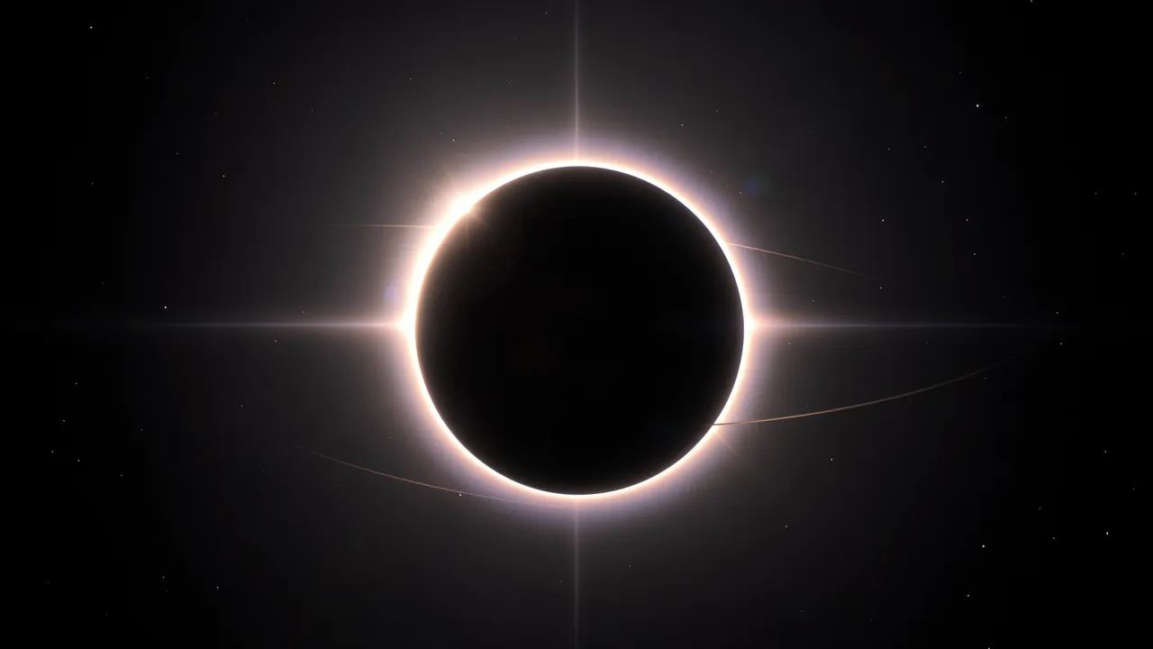 A silhouetted ringed gas giant passes in front of a bright star, edged with a glowing thin atmosphere against dark space