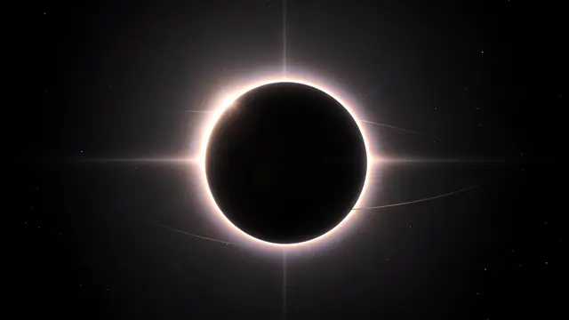 A silhouetted ringed gas giant passes in front of a bright star, edged with a glowing thin atmosphere against dark space